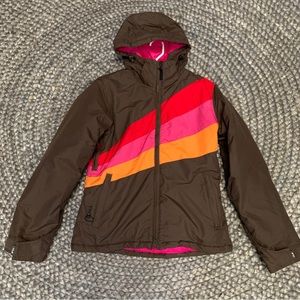 ROXY Snowboard jacket ladies hooded ski coat brown hot pink neon orange retro